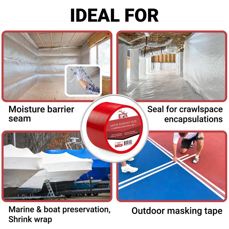 ELK Vapor Barrier Tape - 4” x 180ft - PE 7mm Polyethylene Seam Tape - Moisture Barrier Seam & Seal for Crawlspace Encapsulations & Waterproof Marine Tape - Red - Image 2